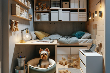 An image illustrating Cómo organizar el espacio de tu Yorkshire Terrier en departamentos pequeños