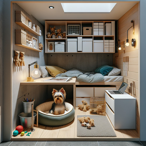 An image illustrating Cómo organizar el espacio de tu Yorkshire Terrier en departamentos pequeños