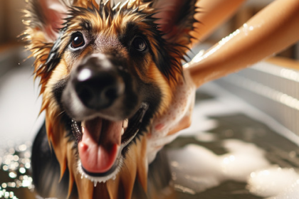 An image illustrating Cómo bañar a tu Pastor Alemán sin dañar su piel