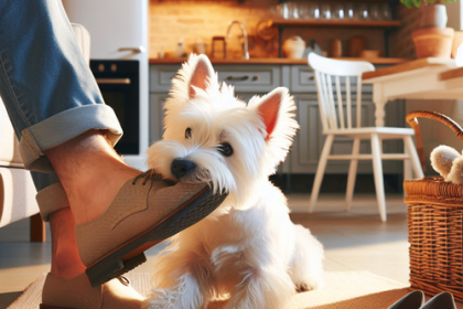An image illustrating Por qué tu Westie te muerde los pies jugando