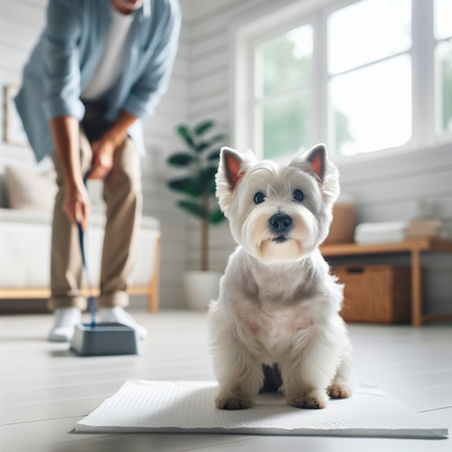 An image illustrating Cómo enseñarle a tu Westie a usar un tapete sanitario