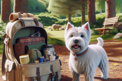 An image illustrating Qué llevar en la mochila de tu Westie para un paseo largo