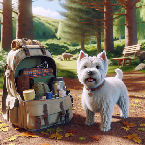 An image illustrating Qué llevar en la mochila de tu Westie para un paseo largo