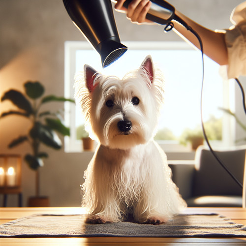 An image illustrating Qué hacer si tu Westie odia el ruido del secador